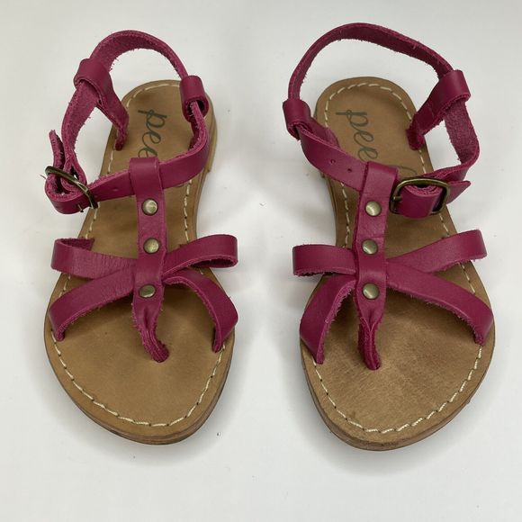 Peek Sandals Girls 8 Pink Genuine Leather Open Toe Thong Sandal Strappy Fuchsia - Picture 1 of 7